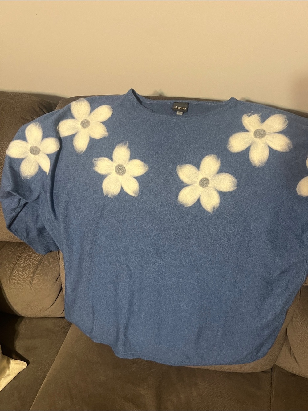 Aarda Blue Sweater with White Floral Appliqués. Designer sweater